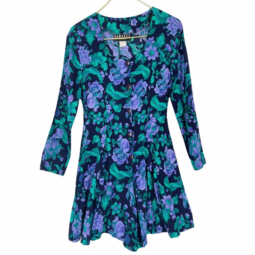 VINTAGE 90s Rampage Green Purple Floral Button Front Long Sleeve Romper Jumpsuit